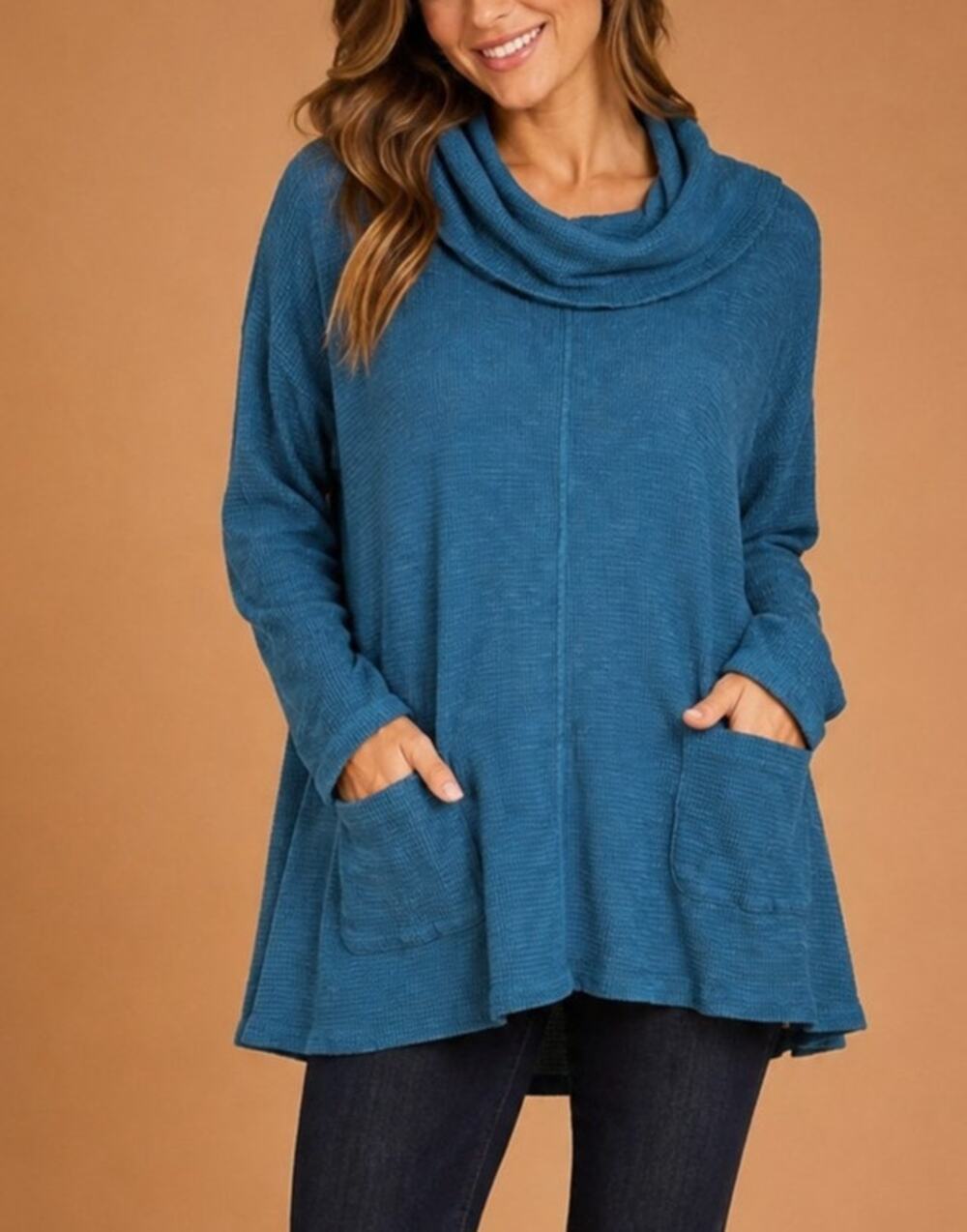 Soft Surroundings Waffle Knit Cowl Neck Sweater Tunic Womens M Blue Lagenlook